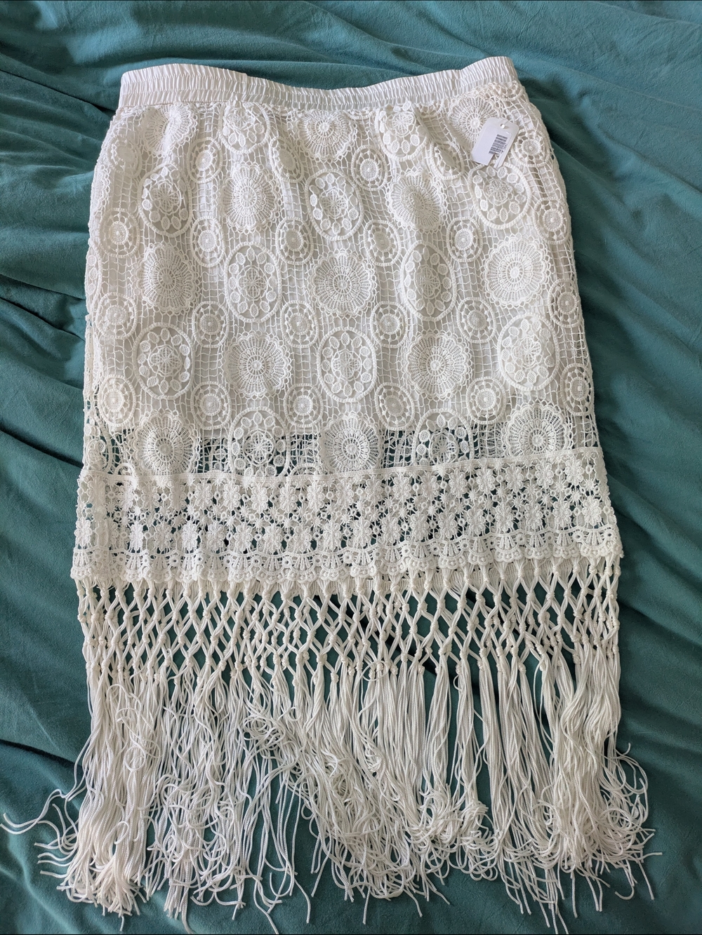 NWT White Crochet Overlay Fringe Midi Skirt Size S Lace Boho Beach Cottagecore